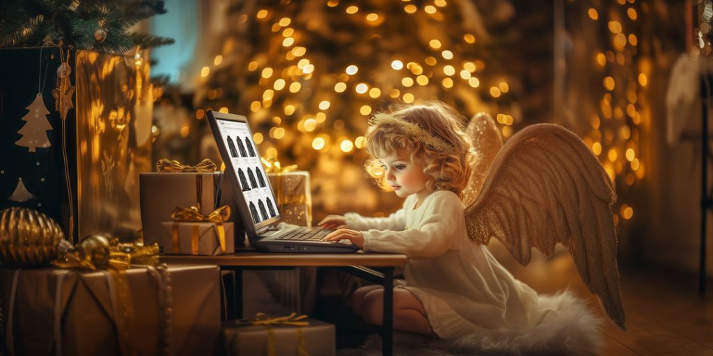 Christkind vor einem Laptop beim Online-Shopping auf Dialekt Design